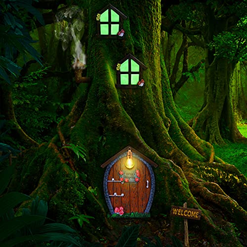 home miniature window and door with litter lamp tree face outdoor glow in dark fairies sleeping door and windows yard garden sculpture for trees decoration garden lawn ornament stone style