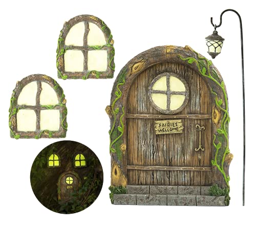 fairy door and windows for trees glow in the dark yard art sculpture decoration for kids room wall and trees outdoor miniature fairy garden outdoor decor accessories with bonus fairy lantern