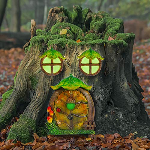 juegoal miniature fairy gnome home window and door for trees decoration leave shape glow in dark fairies sleeping door and windows yard art garden noctilucence sculpture lawn ornament decor