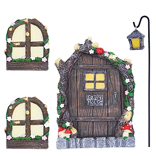 gearific fairy door with windows latern for tree and yard decor 5 pcs miniature fairy garden kit shine in the dark fairy door for wall decoration chiritmas birthday gift for child