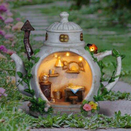 Exhart Garden Statue, Solar Fairy Tea Pot Garden Sculpture with Kitchen Scene