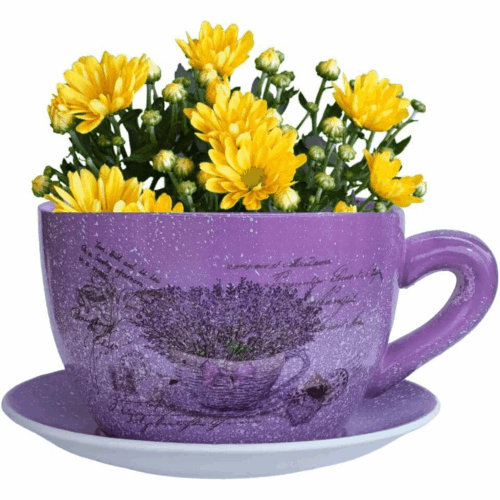 7.5” round ceramic teacup planter with saucer – purple lavender